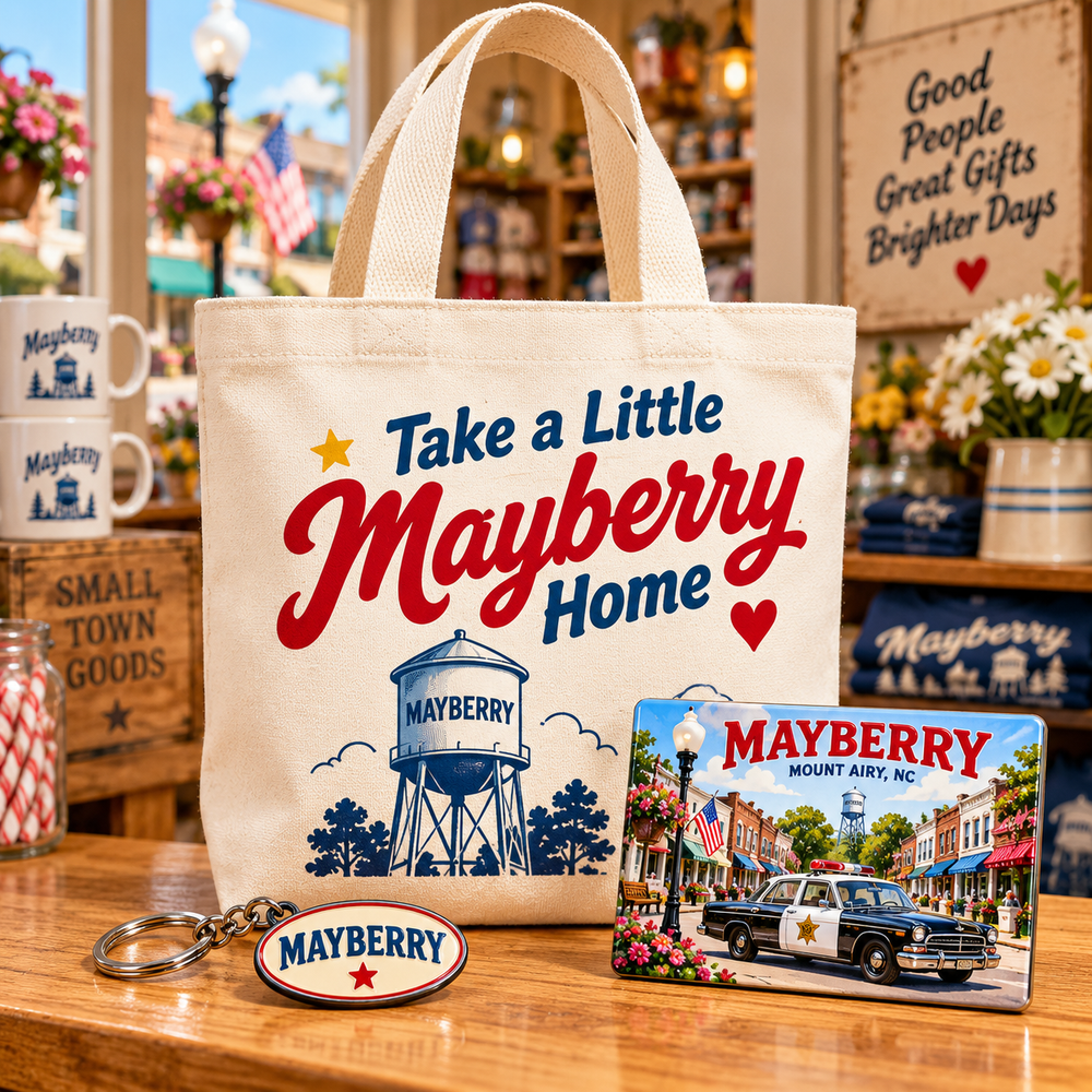 Mayberry tote, keychain and souvenir magnet design preview