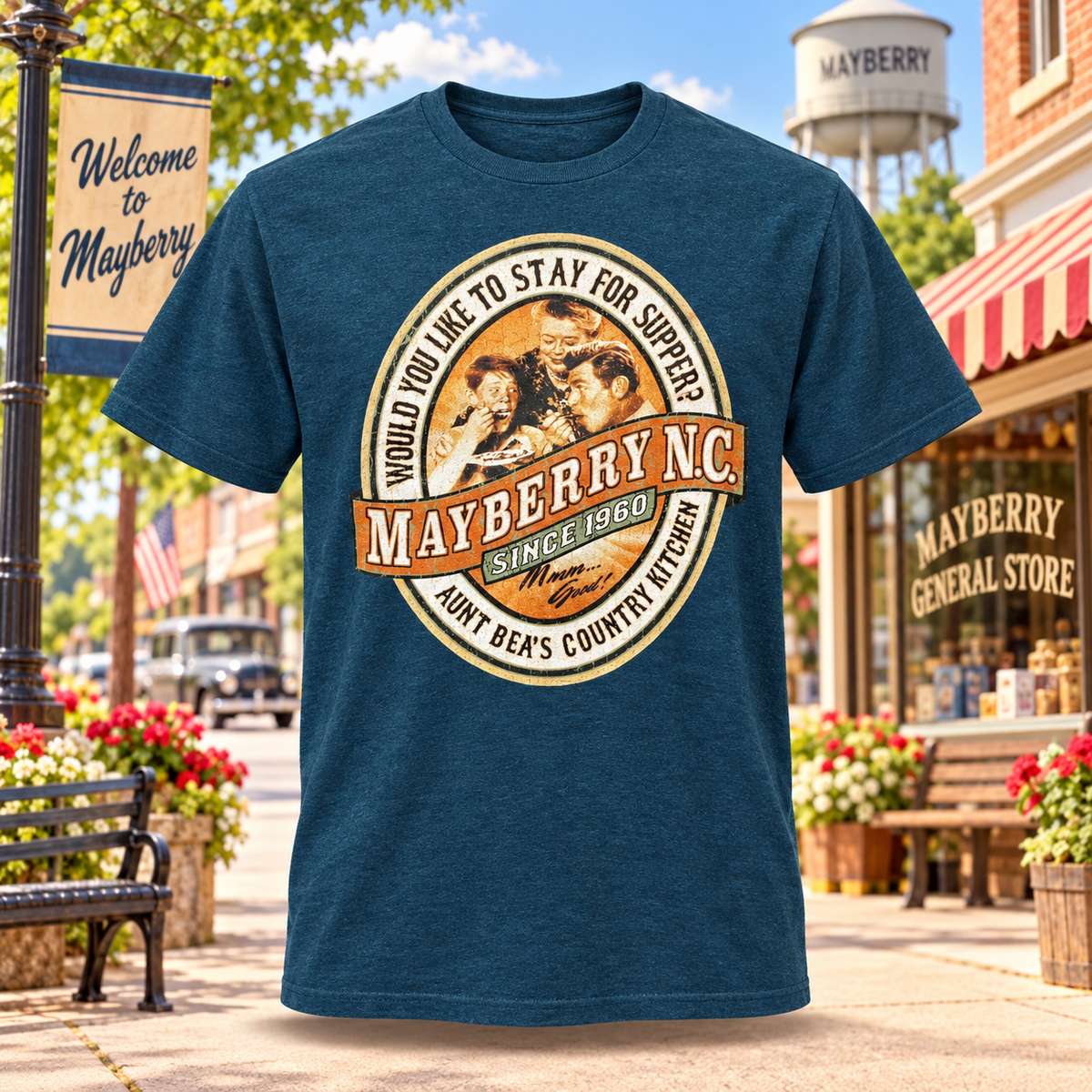Heather Navy Aunt Bea’s Country Kitchen Mayberry Tee showing the front design