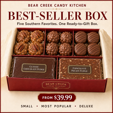 Bear Creek Best-Seller Box with pralines, Bear Paws, two fudge flavors, and chocolate-covered Oreos
