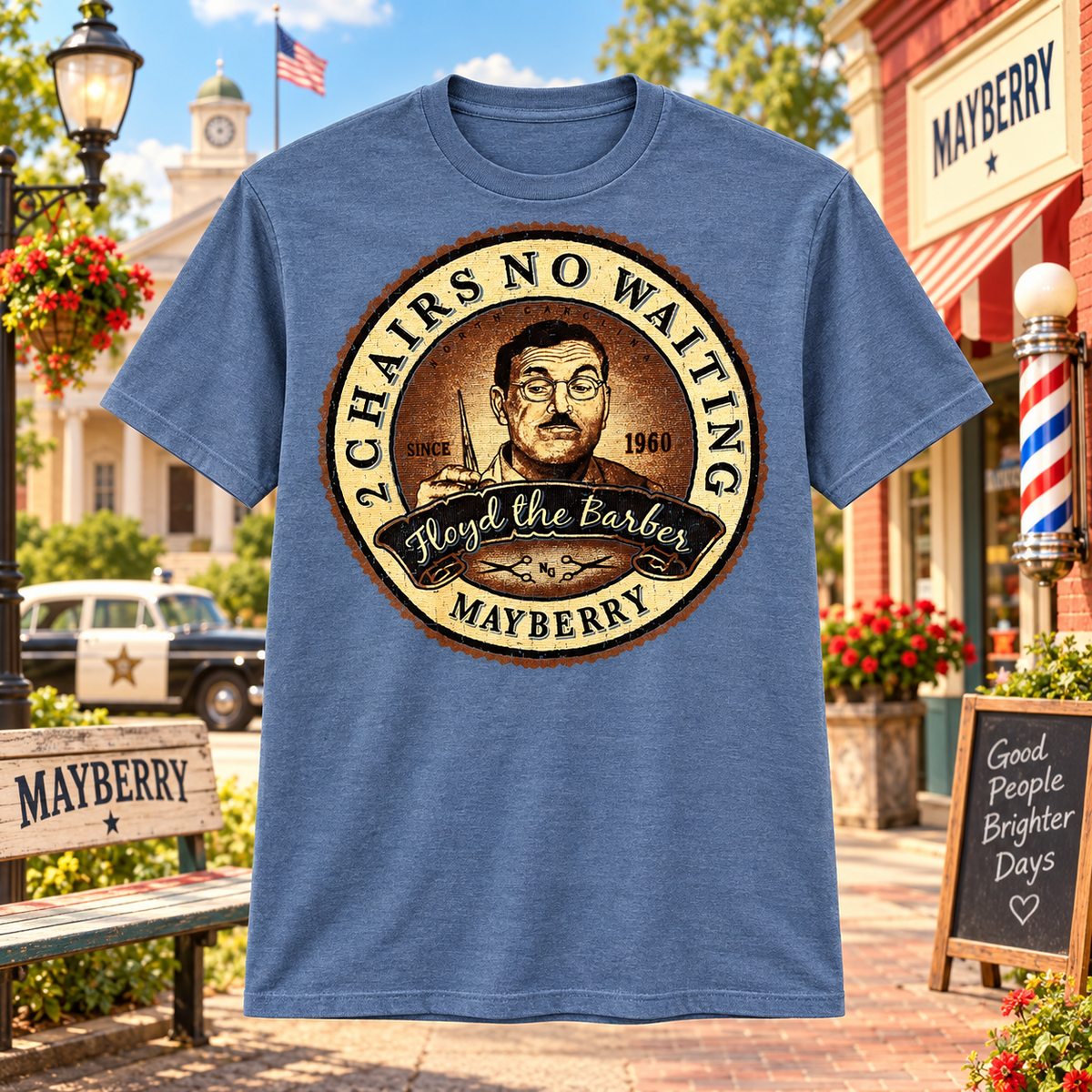 Heather Blue Floyd the Barber Two Chairs No Waiting Tee showing the front design