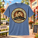 Heather Blue Floyd the Barber Two Chairs No Waiting Tee showing the front design