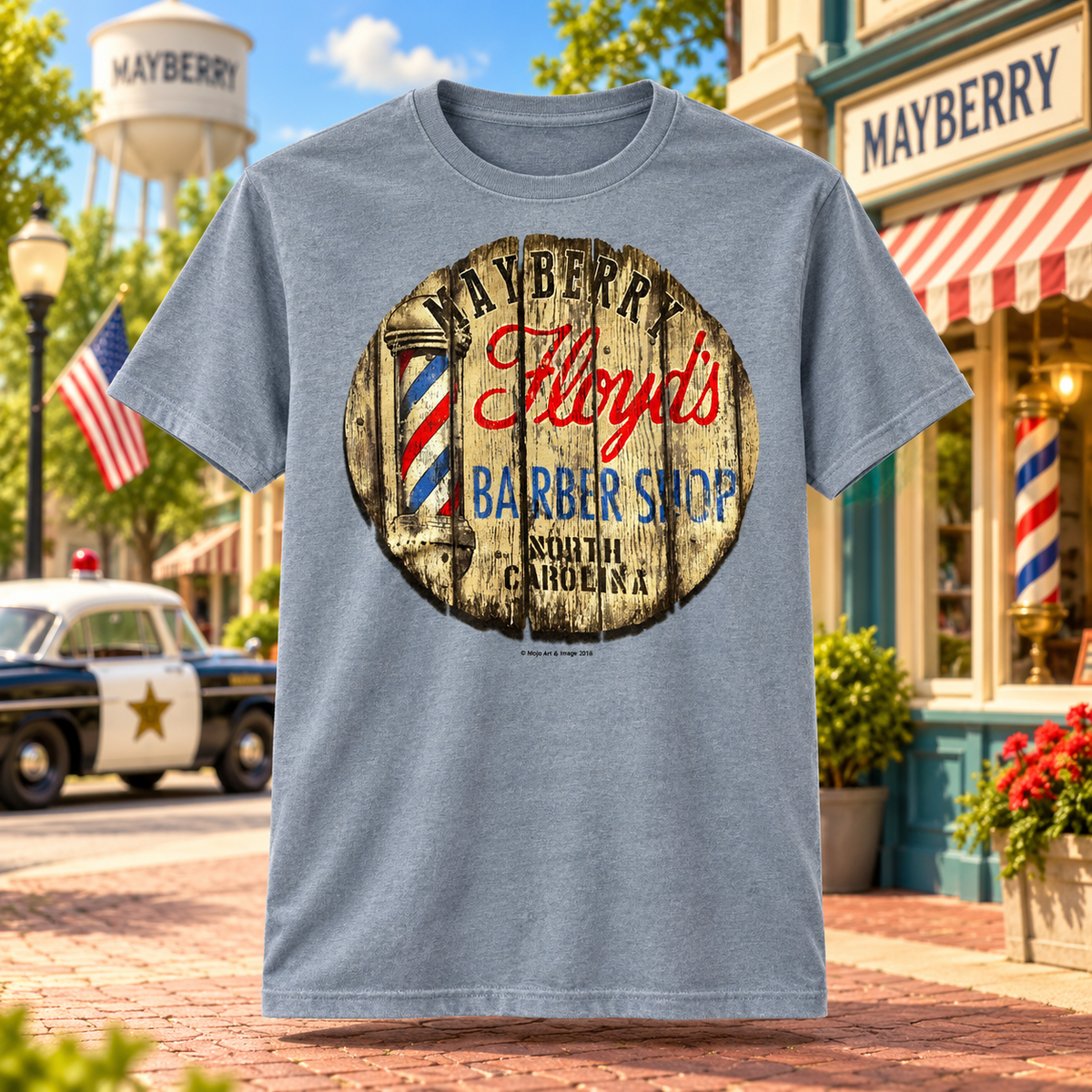 Heather Blue Floyd’s Barber Shop Wood Sign Tee showing the front design