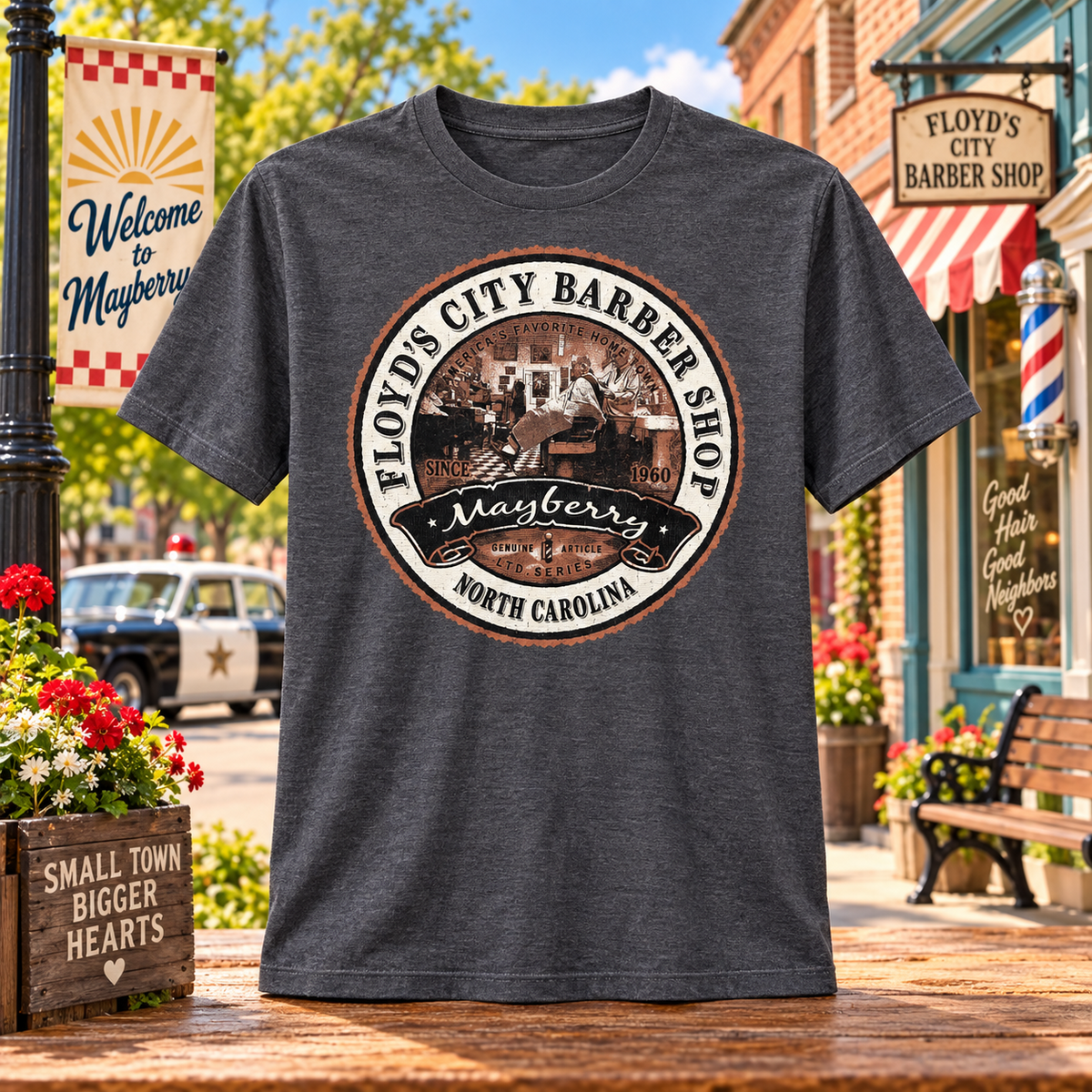 Charcoal Floyd’s City Barber Shop Vintage Tee showing the front design