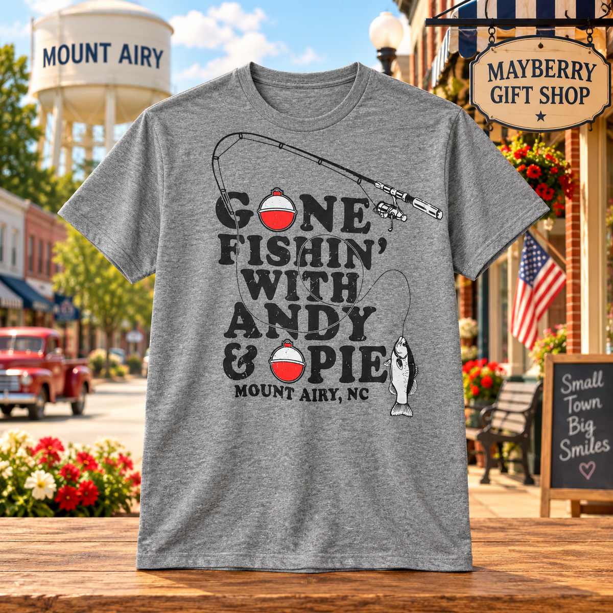 Heather Gray Gone Fishin’ with Andy & Opie Tee showing the front design