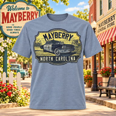 Heather Blue Mayberry 1960 Squad Car Tee showing the front design