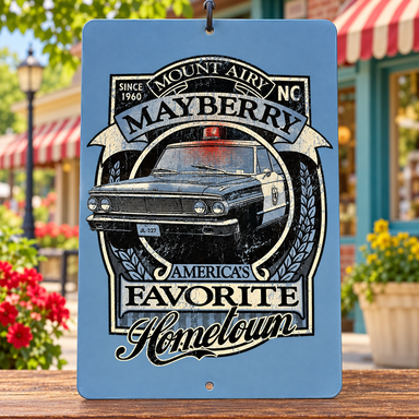 Blue Mayberry metal sign with a vintage squad car and America's Favorite Hometown lettering