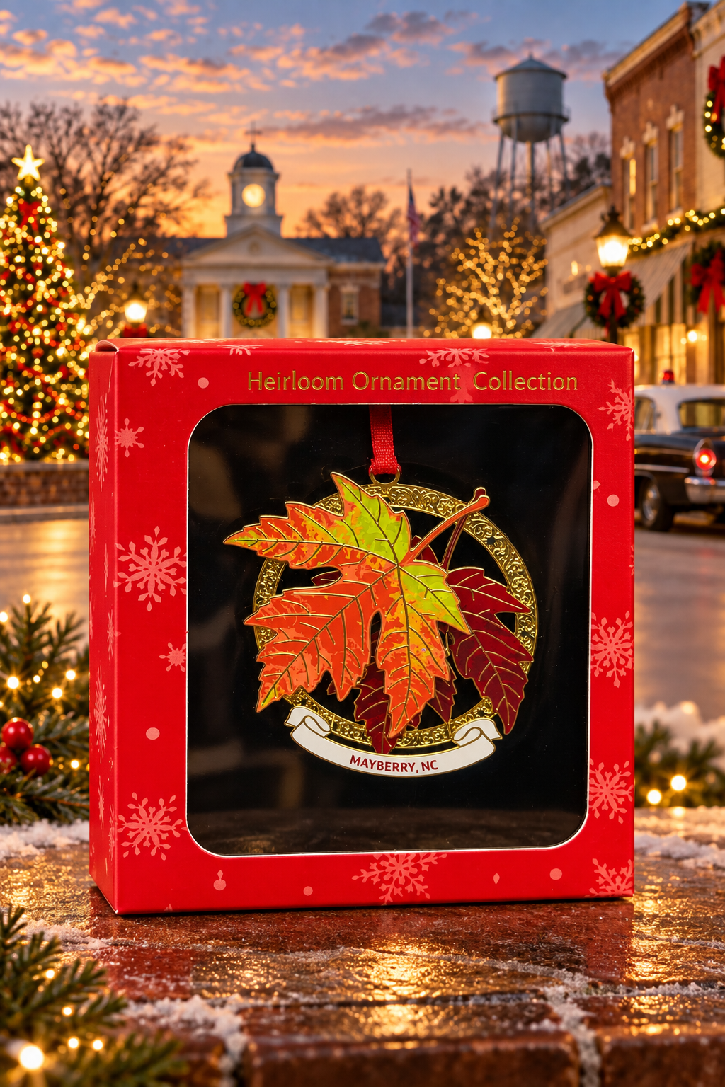 Autumn Leaves Mayberry ornament in its red gift box against a festive Mayberry-themed backdrop