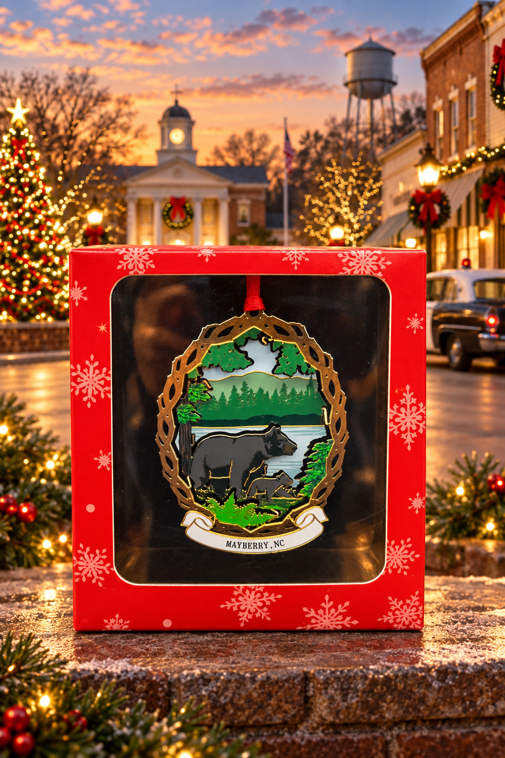 Black Bear and Cub Mayberry ornament in its red gift box against a festive Mayberry-themed backdrop