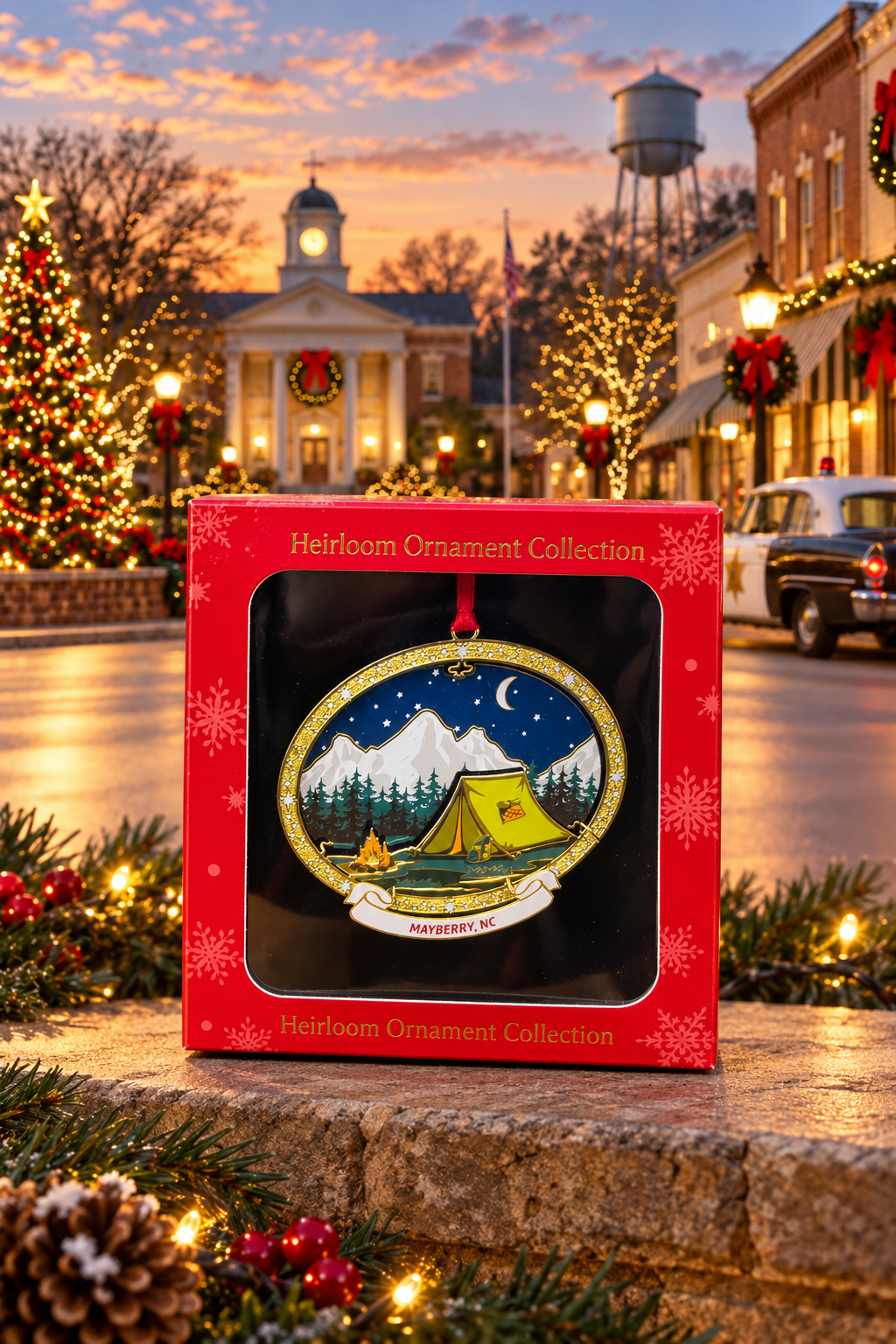Mountain Camping Mayberry ornament in its red gift box against a festive Mayberry-themed backdrop