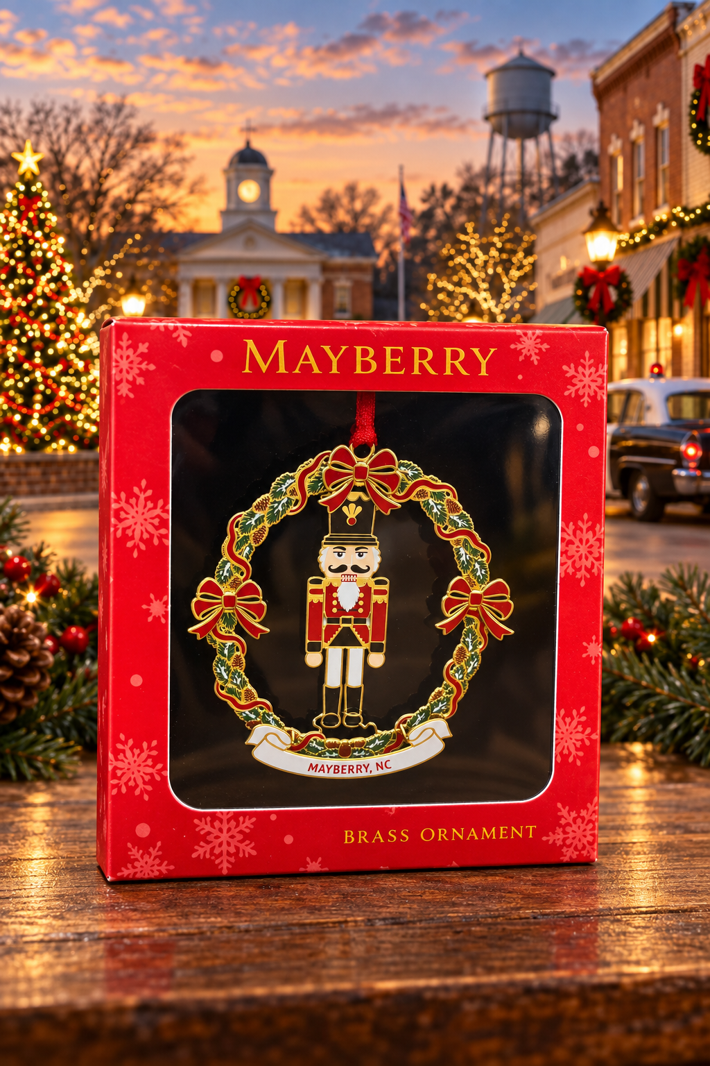 Nutcracker Mayberry ornament in its red gift box against a festive Mayberry-themed backdrop