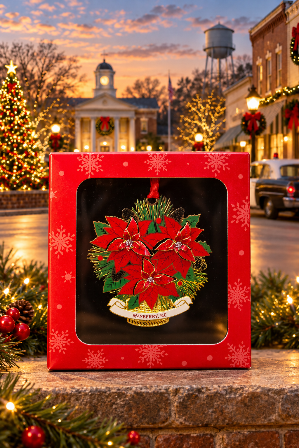 Poinsettia Mayberry ornament in its red gift box against a festive Mayberry-themed backdrop