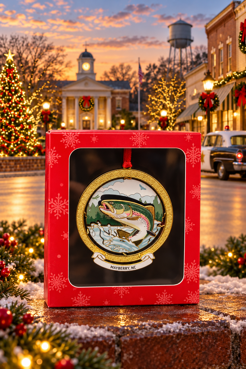 Rainbow Trout Mayberry ornament in its red gift box against a festive Mayberry-themed backdrop