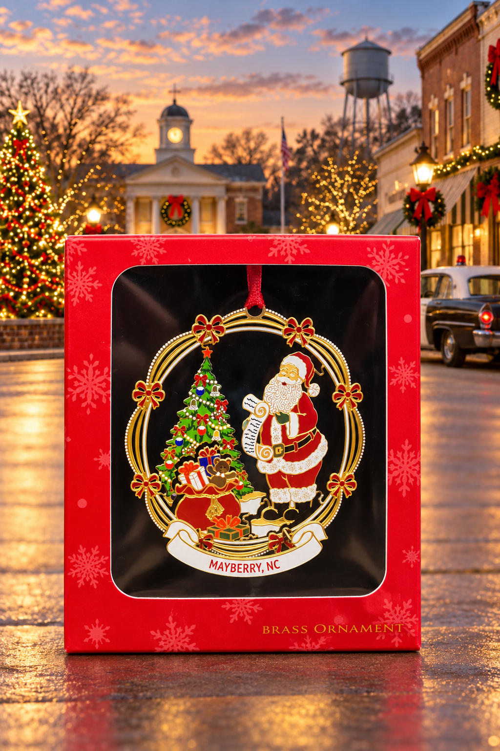 Santa and Christmas Tree Mayberry ornament in its red gift box against a festive Mayberry-themed backdrop