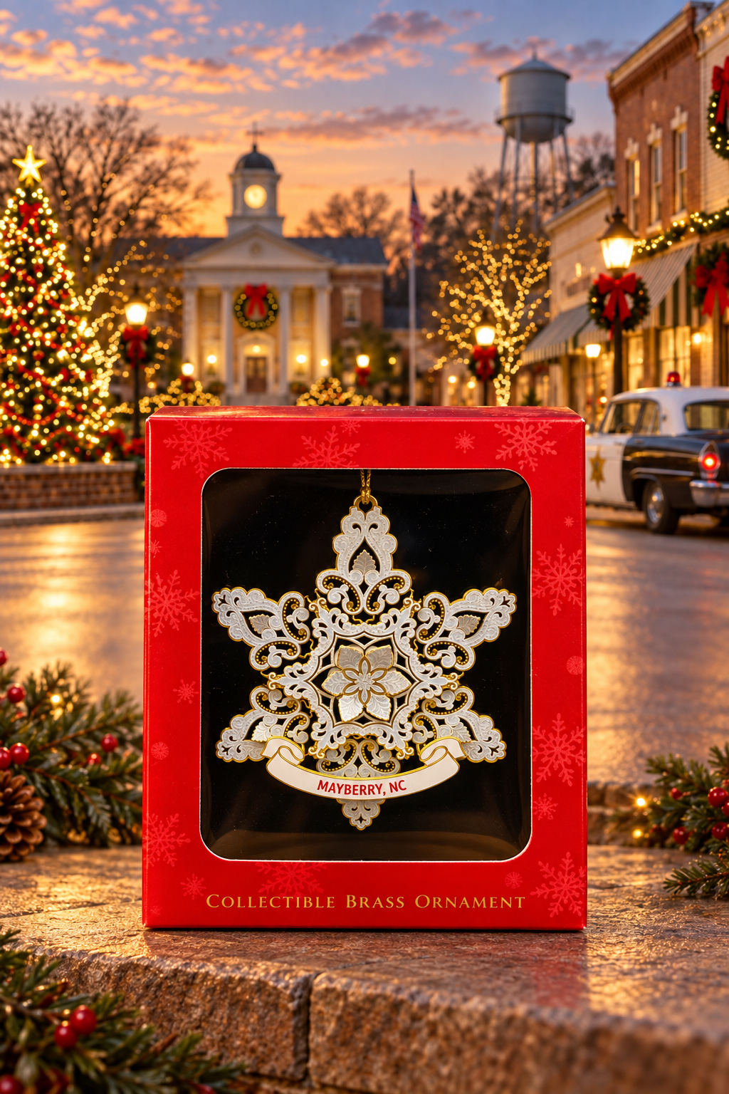 Snowflake Mayberry ornament in its red gift box against a festive Mayberry-themed backdrop