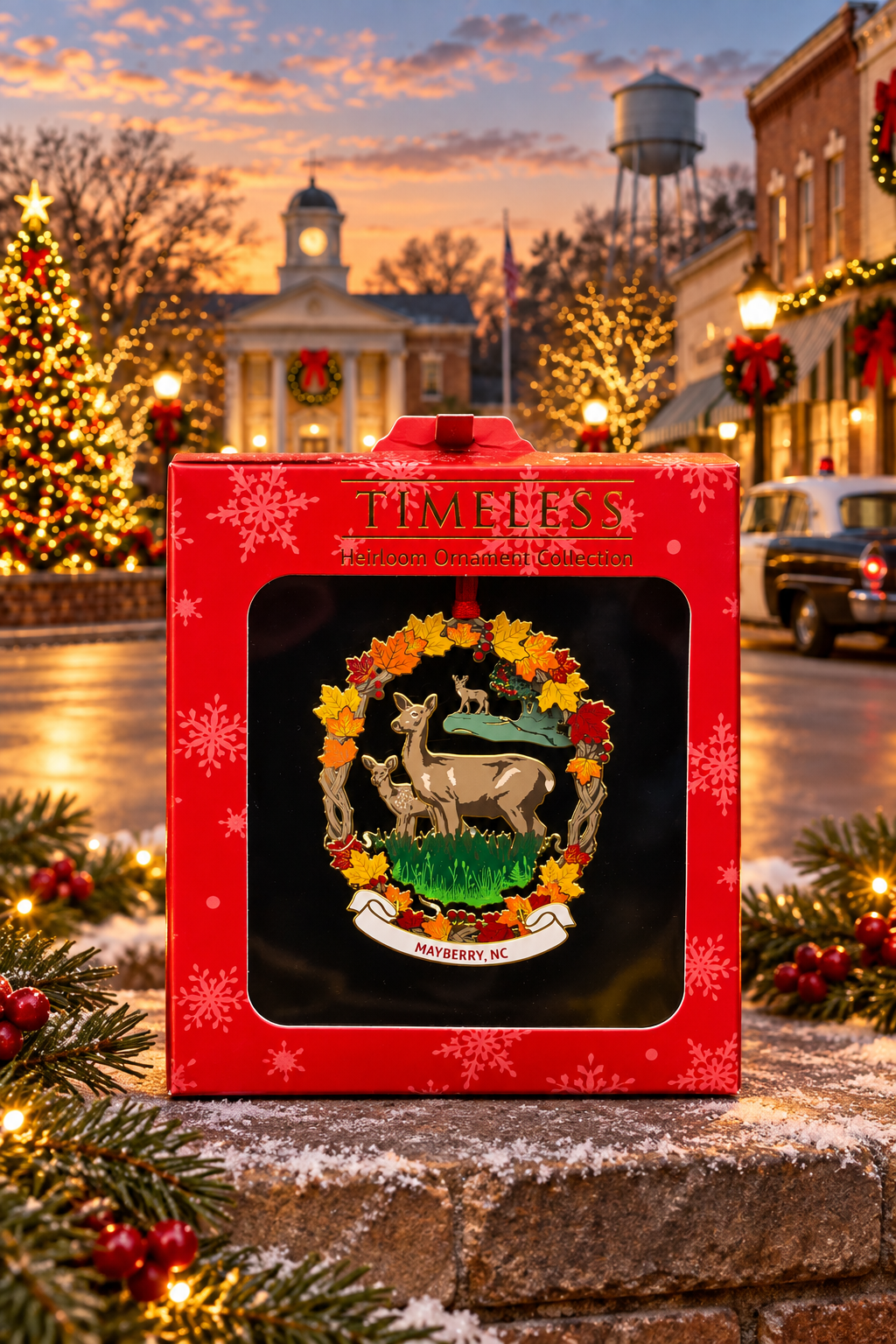 Woodland Deer Mayberry ornament in its red gift box against a festive Mayberry-themed backdrop