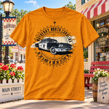 Gold Mayberry Compass Squad Car Tee showing the front design