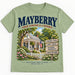Temporary concept mockup: sage Mayberry Where Everyone Is a Neighbor T-shirt with a house and front porch.
