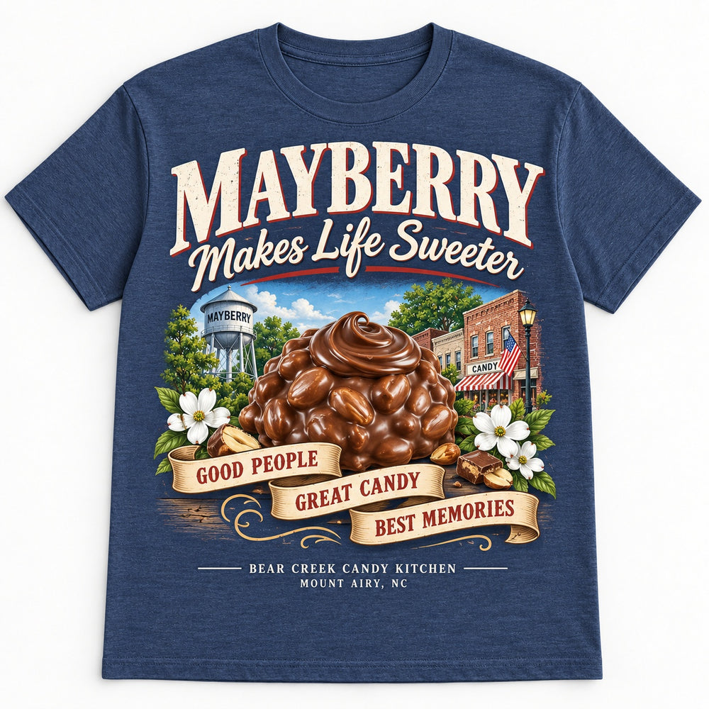 Temporary concept mockup: navy Mayberry Makes Life Sweeter T-shirt with chocolate candy artwork.