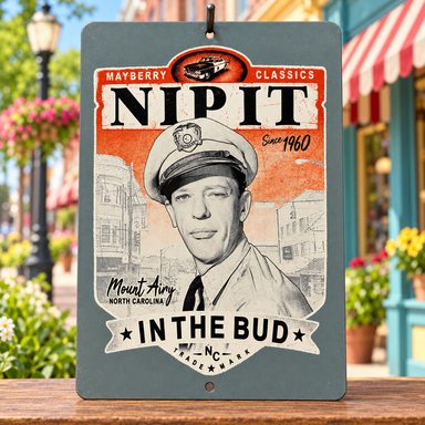 Vintage-style Mayberry metal sign with Nip It in the Bud lettering in orange, cream and gray