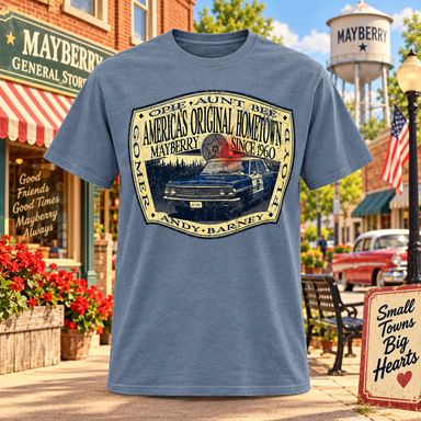 Heather Blue Mayberry America’s Original Hometown Tee showing the front design