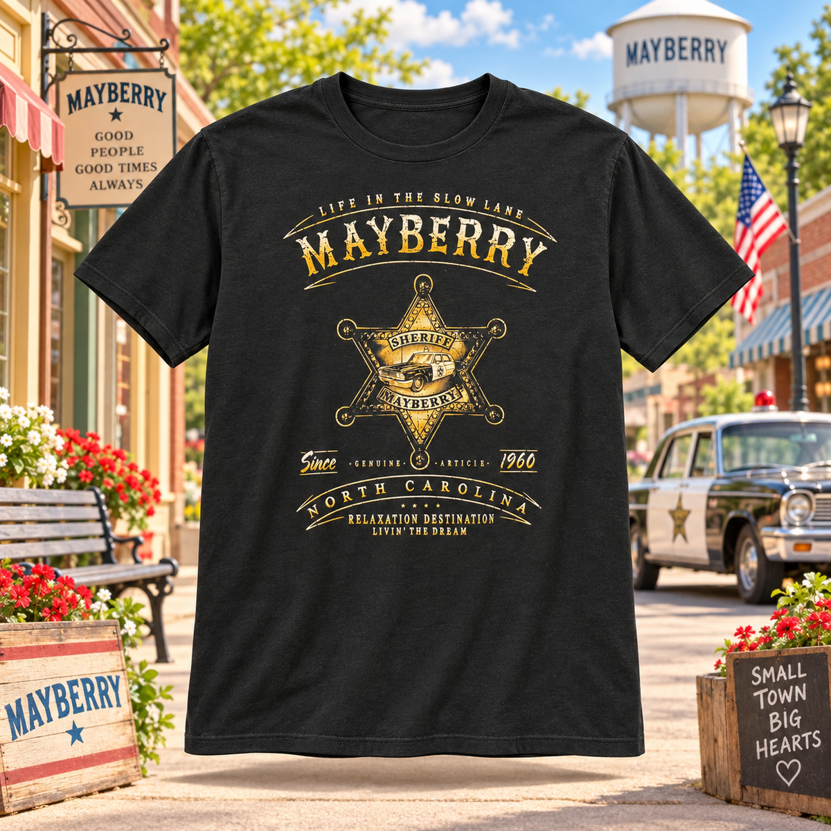 Black Mayberry Life in the Slow Lane Sheriff Badge Tee showing the front design