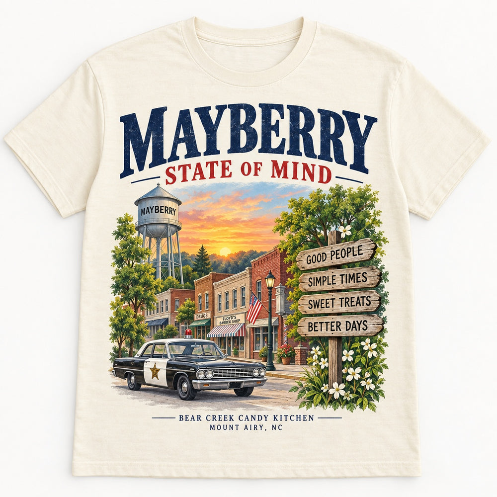 Temporary concept mockup: ivory Mayberry State of Mind T-shirt with Main Street and sheriff car artwork.