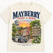 Temporary concept mockup: ivory Mayberry State of Mind T-shirt with Main Street and sheriff car artwork.