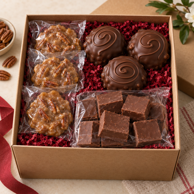 Open Mount Airy Mini Gift Box with three pecan pralines, three Chocolate Bear Paws, and one pound of chocolate fudge