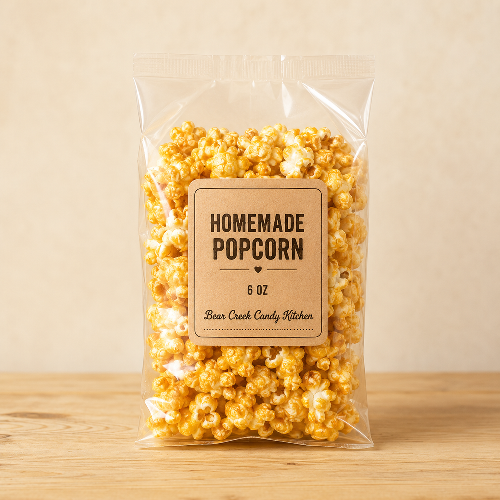 Temporary package mockup showing a six-ounce bag of homemade popcorn
